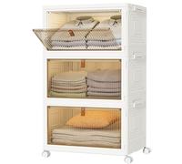 HOMIDEC Wardrobe Storage Organiser,3 Tier Stackable Clothes Storage Boxes with Wheels,Folding Drawers for Clothes,Cupboard Organiser for Bedroom Wardrobe Bathroom Kitchen,White,33L*3 Pack