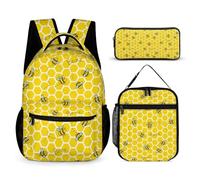 Homieblanket Bee Backpack with Lunch Box & Pencil Case, 16 Inch Cute Bee Themed Bookbag, Adjustable Lightweight Large Capacity, Colorful Bee Backpack Set for Kids Girls Boys School