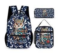 Homieblanket Custom Owl Backpack with Lunch Box & Pencil Case, 16 Inch Cute Owl Themed Bookbag, Adjustable Lightweight Large Capacity, Colorful Owl Backpack Set for Kids Girls Boys School