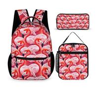 Homieblanket Flamingo Backpack with Lunch Box & Pencil Case, 16 Inch Cute Flamingo Themed Bookbag, Adjustable Lightweight Large Capacity, Colorful Flamingo Backpack Set for Kids Girls Boys School