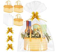 HOMIEE 3 Pcs Empty Hamper Basket Woven Gift Basket Foldable with 3 Wrap Bags, 3 Pull Bows Large Hamper Baskets with Handle for Baby Shower, Birthday, Christmas, Housewarming