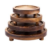 HOMIEE 4 Pcs Round Wood Riser Stand, Wooden Display Stand with Raised Edges for Kitchen Counter, Bathroom, Plants, Candles, Rustic Countertop Riser Tray, Brown