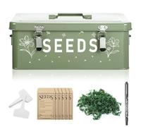 HOMIEE Seed Storage Box Organiser, Mental Seed Tin with Lid, Handles & Safety Lock, Seeds Bin with 50 Seed Envelopes 100 Plant Labels 50 Plant Clips and 1 Marker, Gardening Gifts for Women and Men