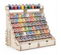 HOMIEE Wooden Paint Organiser 6-Tier Paint Storage Rack for Paint Bottles | 90 Holes Paint Storage Rack, Suitable for Vallejo, Citadel, Tamiya Paint Bottles, 2 Drawers, 2 Minis Stands, Light Wood Color