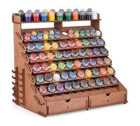 HOMIEE Wooden Paint Organiser, 90 Holes Paint Storage Rack Suitable for Vallejo, Citadel, Tamiya Paint Bottles, Plywood Organizer with 2 Drawers 2 Minis Stands and 6 Side Brushes Holders