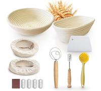 Homiely Bread Proofing Basket, Natural Rattan Sourdough Kit, 12 Piece - 10" banneton basket Oval and 9" Round with Bread Lame, Danish Whisk, Bowl Scraper and Linen Liners for Bakers (13 Piece)