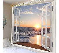 Homiest 3D Ocean Tapestry Wall Hanging Sun Sunset Sea Beach Landscape Tapestry Window Tapestries for Bedroom Living Room Home Decor 51x59 Inches