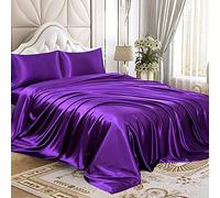 Homiest 4pcs Satin Sheets Set Luxury Silky Satin Bedding Set with Deep Pocket, 1 Fitted Sheet + 1 Flat Sheet + 2 Pillowcases (Queen Size, Purple)