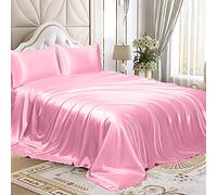Homiest 4pcs Satin Sheets Set Luxury Silky Satin Bedding Set with Deep Pocket, 1 Fitted Sheet + 1 Flat Sheet + 2 Pillowcases (Queen Size, Pink)