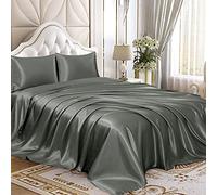 Homiest 4pcs Satin Sheets Set Luxury Silky Satin Bedding Set with Deep Pocket, 1 Fitted Sheet + 1 Flat Sheet + 2 Pillowcases (King Size, Dark Grey)