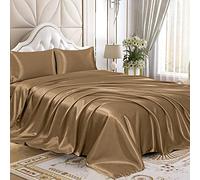 Homiest 4pcs Satin Sheets Set Luxury Silky Satin Bedding Set with Deep Pocket, 1 Fitted Sheet + 1 Flat Sheet + 2 Pillowcases (Queen Size, Camel Brown)