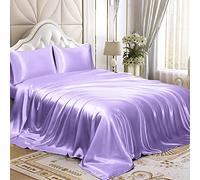 Homiest 4pcs Satin Sheets Set Luxury Silky Satin Bedding Set with Deep Pocket, 1 Fitted Sheet + 1 Flat Sheet + 2 Pillowcases (King Size, Lavender)