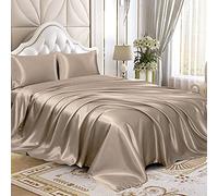 Homiest 4pcs Satin Sheets Set Luxury Silky Satin Bedding Set with Deep Pocket, 1 Fitted Sheet + 1 Flat Sheet + 2 Pillowcases (King Size, Taupe)