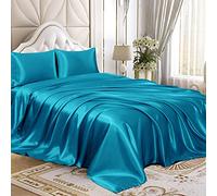 Homiest 4pcs Satin Sheets Set Luxury Silky Satin Bedding Set with Deep Pocket, 1 Fitted Sheet + 1 Flat Sheet + 2 Pillowcases (King Size, Turquoise)
