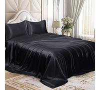 Homiest 4pcs Satin Sheets Set Luxury Silky Satin Bedding Set with Deep Pocket, 1 Fitted Sheet + 1 Flat Sheet + 2 Pillowcases (King Size, Black)