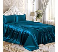 Homiest 4pcs Satin Sheets Set Luxury Silky Satin Bedding Set with Deep Pocket, 1 Fitted Sheet + 1 Flat Sheet + 2 Pillowcases (King Size, Dark Teal)