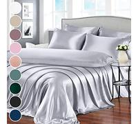 Homiest 7pcs Satin Sheets King Size Bed Set, Light Grey Luxury Silky Bedding, 1 Deep Pocket Fitted Sheet, 1 Soft Flat Sheet, 4 Pillowcases, 1 Body Pillowcase