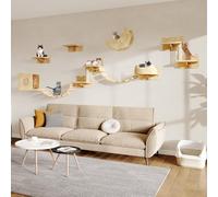 Homiflex 13 in 1 Cat Wall Shelves, Wall Mounted Cat Furniture Set with Plush Fabric, Cat Climbing Wall Systems, Cat Shelf with Moon Hammock, Apartment, House, Stairs, Bready, Scratching Post, Beige