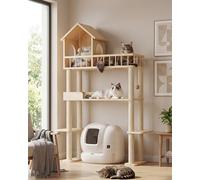 Homiflex Wood Cat Tower for Automatic Litter Box, 60.2" H Tall Cat Tree for Self Cleaning Litter Box, Multi-Level Solid Wood Cat Tree Tower Cat Furniture w/Scratching Post, House, Burlywood