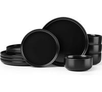 Homikit 12 Piece Dinner Set, Kitchen Stoneware Dinnerware Sets for 4 People, Included 4X Dinner Plates, 4X Side Plates and 4X Bowls, Non-Scratch, Dishwasher & Microwave Safe, Matte Black