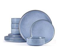 Homikit 12 Piece Dinner Set, Reactive Glaze Kitchen Dinnerware Sets for 4, Elegant Stoneware Included Plates and Bowls, Non-Scratch & Sturdy, Dishwasher & Microwave Safe, Myosotis Blue