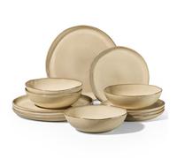 Homikit 12-Piece Dinner Set, Reactive Glaze Stoneware Dinnerware for 4 People, Irregular Shape Crockery with Plates and Bowls, Non-Toxic & Non-Scratch, Microwave and Dishwasher Safe - Caramel Dusk