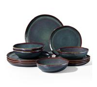 Homikit 12-Piece Dinner Set, Reactive Glaze Stoneware Dinnerware for 4 People, Irregular Shape Plates and Bowls, Non-Toxic & Scratch Resistant, Microwave and Dishwasher Safe - Blackish Green