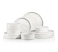 Homikit 12 Piece Dinner Sets, Reactive Glaze Plates and Bowls Set for 4 People, Elegant Dinnerware Stoneware for Kitchen Dinner Camping, Scratch Resistant, Dishwasher & Microwave Safe, Pearl White