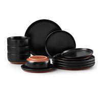 Homikit 12-Piece Dinner Stoneware Set Service for 4 People, Matte Black | Reactive Glaze Plates and Bowls Set with Rustic Terracotta Bottom, Non-Toxic & Non-Scratch, Microwave and Dishwasher Safe