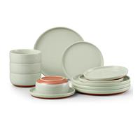Homikit 12-Piece Dinner Stoneware Set, Speckled Plates and Bowls Dishware with Rustic Terracotta Underside, Reactive Glaze & Scratch Resistant, Microwave and Dishwasher Safe - Pastel Green