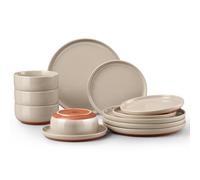 Homikit 12-Piece Dinner Stoneware Set, Speckled Plates and Bowls Dishware with Rustic Terracotta Underside, Reactive Glaze & Scratch Resistant, Microwave and Dishwasher Safe - Cinnamon Brown