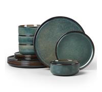 Homikit 12Pcs Dinner Set, Reactive Glaze Stoneware for 4, Blackish Green | Round Shape Plates and Bowls Set for Kitchen Home Dinner Party, Non-Toxic & Scratch Resistant, Microwave and Dishwasher Safe