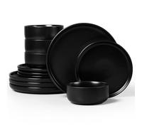 Homikit 12Pcs Dinner Set, Reactive Glaze Stoneware for 4, Matte Black | Round Shape Plates and Bowls Set for Kitchen Home Dinner Party, Non-Toxic & Scratch Resistant, Microwave and Dishwasher Safe