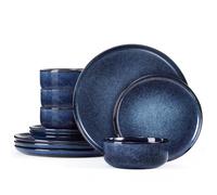 Homikit 12Pcs Dinner Set, Reactive Glaze Stoneware for 4, Nebulas Blue | Round Shape Plates and Bowls Set for Kitchen Home Dinner Party, Non-Toxic & Scratch Resistant, Microwave and Dishwasher Safe