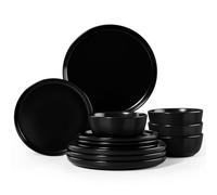 Homikit 12Pcs Plates and Bowls Set, Reactive Glaze Dinner Set for 4, Black | Kitchen Stoneware for Home Daily Use, Non-Toxic & Scratch Resistant, Microwave and Dishwasher Safe, Stackable & Easy Storage