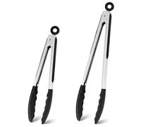 Homikit Kitchen Tongs Set of 2, Stainless Steel Food Tongs with Silicone Tips, Non-Slip Handle & Locking Clip, Heat Proof Ideal for Cooking/Serving/Buffet/Barbecue- 9 & 12 Inch, Black