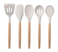 Homikit Kitchen Utensil Set, 5 Piece Silicone Cooking Utensils with Wood Handle, Solid Spatula Turner Spoon Set for Non-Stick Cookware and Baking, Heat Proof & Easy Clean, Khaki