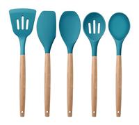 Homikit Kitchen Utensil Set, 5 Piece Silicone Cooking Utensils with Wood Handle, Solid Spatula Turner Spoon Set for Non-Stick Cookware and Baking, Heat Proof & Easy Clean, Dark Blue