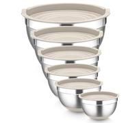 Homikit Mixing Bowl Set of 6, Stainless Steel Salad Bowls with Airtight Lids for Baking Serving Storing, Nesting Bowls & Silicone Base, Dishwasher Safe, Size 0.7/1.2/1.6/2.5/2.8/4.6 L - Khaki