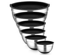 Homikit Mixing Bowl Set of 6, Stainless Steel Salad Bowls with Airtight Lids for Baking Serving Storing, Nesting Bowls & Silicone Base, Dishwasher Safe, Size 0.7/1.2/1.6/2.5/2.8/4.6 L - Black