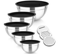 Homikit Mixing Bowls Set of 5, Stainless Steel Salad Bowls with Airtight Lids & 3 Grates, Metal Nesting Bowls for Mixing/Baking/Serving/Storing, Easy Clean - 0.7/1/1.5/2.6/4.6L (Black)