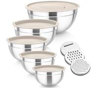 Homikit Mixing Bowls Set of 5, Stainless Steel Salad Bowls with Airtight Lids & 3 Grates, Metal Nesting Bowls for Mixing/Baking/Serving/Storing, Easy Clean - 0.7/1/1.5/2.6/4.6L (Khaki)