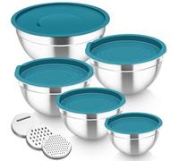 Homikit Mixing Bowls Set of 5, Stainless Steel Salad Bowls with Airtight Lids & 3 Grates, Metal Nesting Bowls for Mixing/Baking/Serving/Storing, Easy Clean - 0.7/1/1.5/2.6/4.6L (Dark Blue)