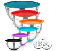 Homikit Mixing Bowls Set of 6, Stainless Steel Salad Bowls with Airtight Lids & 3 Grates, Metal Nesting Bowls for Mixing/Baking/Storing, Silicone Base - 0.7/1.2/1.6/2.5/2.8/4.6L (Multi-Color)