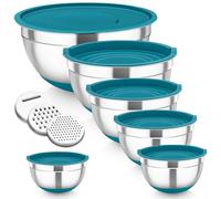 Homikit Mixing Bowls Set of 6, Stainless Steel Salad Bowls with Airtight Lids & 3 Grates, Metal Nesting Bowls for Mixing/Baking/Storing, Silicone Base - 0.7/1.2/1.6/2.5/2.8/4.6L (Dark Blue)