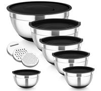 Homikit Mixing Bowls Set of 6, Stainless Steel Salad Bowls with Airtight Lids & 3 Grates, Metal Nesting Bowls for Mixing/Baking/Storing, Silicone Base - 0.7/1.2/1.6/2.5/2.8/4.6L (Black)