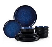 Homikit Plates and Bowls Set, 12-Piece Dinner Stoneware Set for 4 People, Reactive Glaze Dinnerware Crockery for Kitchen Dining, Microwave and Dishwasher Safe - Modern Blue