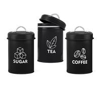 Homikit Tea Coffee Sugar Canisters Set of 3, Metal Food Storage Jars with Airtight Lids, Decorative Kitchen Storage Tins for Farmhouse/Countertop Décor, Sturdy & Easy To Clean, Retro Design - Black