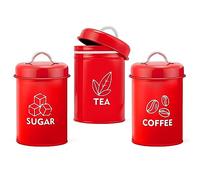 Homikit Tea Coffee Sugar Canisters Set of 3, Metal Food Storage Jars with Airtight Lids, Decorative Kitchen Storage Tins for Farmhouse/Countertop Décor, Sturdy & Easy To Clean, Retro Design - Red