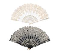 Homiladi Hand Fan Folding 2 PCS Lace Floral Bride Fan with Rose Design | Rave Fan | Elegant Foldable Handheld Fan for Wedding, Party, Church & Dance Decoration (Black, white)